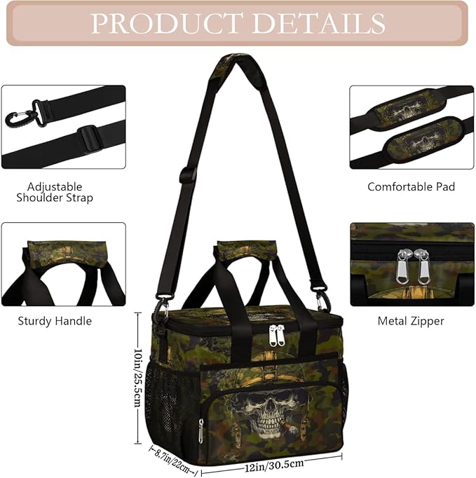 Pardick Camouflage Camo Skull Soft Cooler Bag Insulated Lunch Box for Men & Women, Large Leakproof Lunch Bag Portable Beach Cooler for Work, Picnic, Road Trips,Fishing, Travel, Camping,A-10