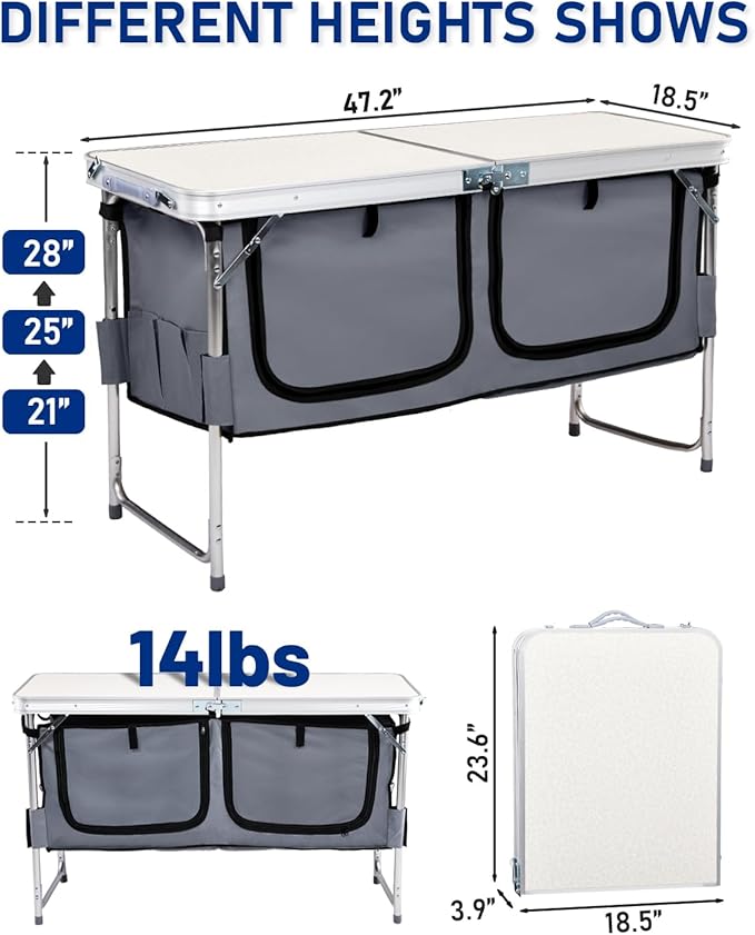 Outvita Folding Table, 4FT Aluminum Camping Table with Large Storage Space and Adjustable Height Picnic Table Lightweight for Carring Outdoor Party Events Beach