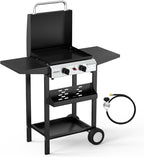 ROVSUN 2 Burner Portable Propane Griddle with Electronic Ignition, 20000 BTU Rolling Flat Top Gas Grill with Enameled Tray & Lid, Side Shelves & Regulator for Outdoor Cooking Camping BBQ Tailgating