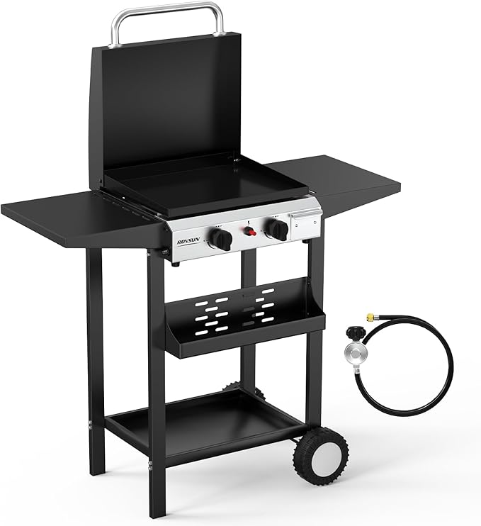 ROVSUN 2 Burner Portable Propane Griddle with Electronic Ignition, 20000 BTU Rolling Flat Top Gas Grill with Enameled Tray & Lid, Side Shelves & Regulator for Outdoor Cooking Camping BBQ Tailgating
