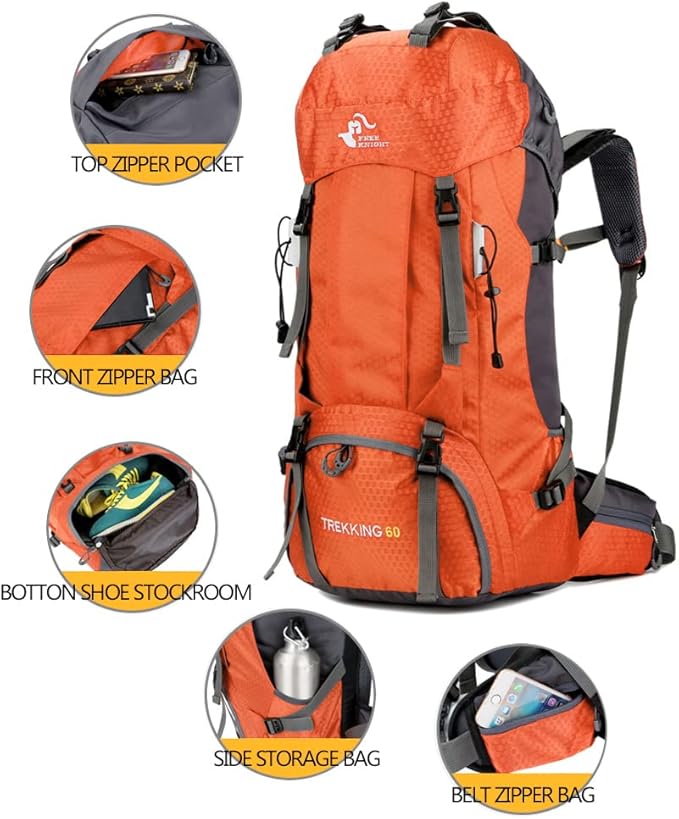 Bseash 60L Waterproof Hiking Camping Backpack with Rain Cover, Large Outdoor Sport Travel Daypack Rucksack for Climbing