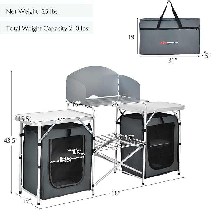 Goplus Folding Camping Kitchen Table with Storage, Aluminum Portable Outdoor Cooking Table with Windscreen, Foldable Camp Table Cook Station for BBQ, Grill, Party, Picnics