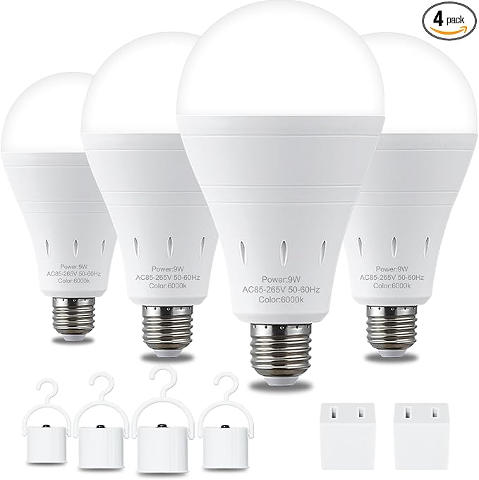4 Pack Rechargeable Emergency Light Bulbs, Battery Powered LED Light Bulb 6000K Daylight E26 120 Volt 9W 60W Equivalent with 1200mAh for Home Power Outage Camping Hurricane