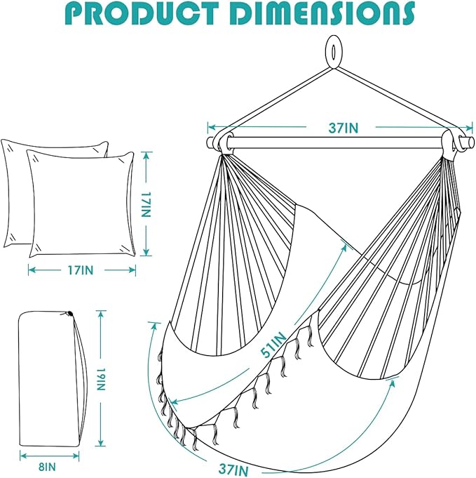 Hammock Swing Chair, Hanging Chair with Pocket, Detachable Steel Support Bar, 500lbs Capacity, Cotton Weave Hammock Chair, 2 Soft Cushions Indoor and Outdoor Dark Grey