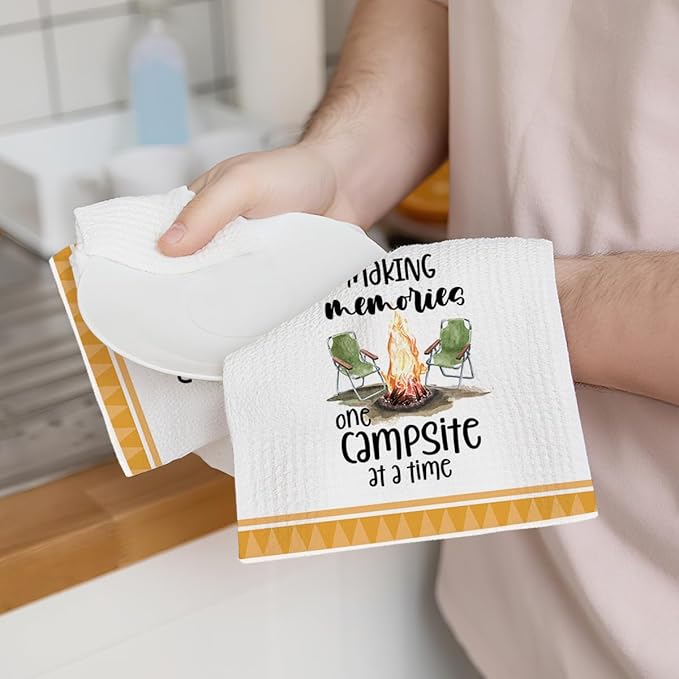 4Pcs Camping Kitchen Towels White Absorbent Dishcloth Bonfire Tent Car Tea Towels 24 x 14 Inches with Funny Sayings Novelty Gifts for Campers Happy Camper Camping Accessories for Rv Campers