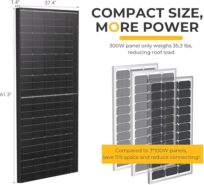 BougeRV Bifacial N-Type 300 Watts 16BB Mono Solar Panel, 25% High-Efficiency All Black 12V/24V 300W Solar Panel for RV Camping Off-Grid Home Boat Marine 1 Piece