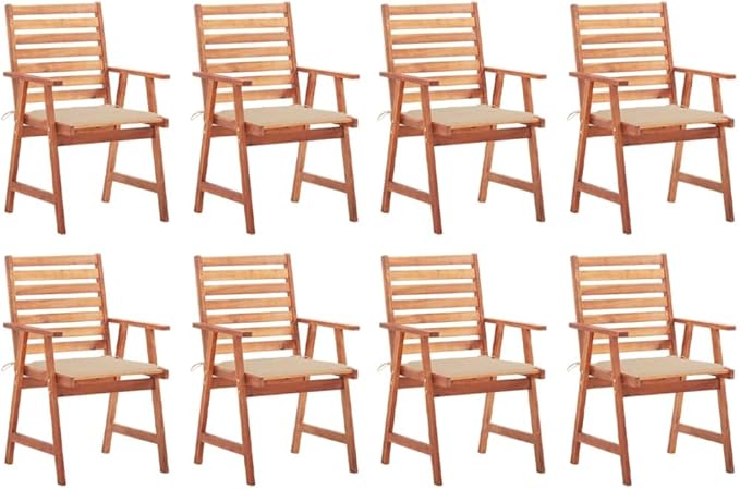 Patio Dining Chairs 8 pcs,Lawn Chair,Camping Chair,Garden Chair,Featuring Slatted Design,Waterproof Cushion,Each Cushion Features 2 Sets of Ropes, with Cushions Solid Acacia Wood