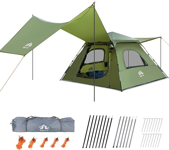 Night Cat 3-Person Camping Tent: Waterproof Instant Cabin Tent with Canopy Tarp for Family, 2-in-1 Canopy Tent with Porch Easy Setup