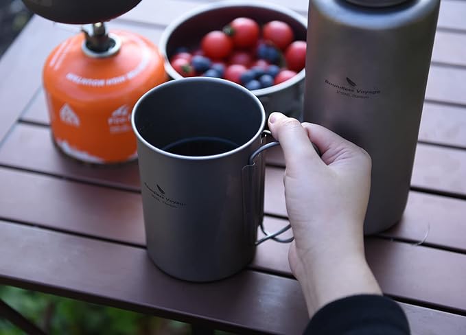iBasingo Titanium Mug 600ml Camping Cup Outdoor Single Layer Wide Mouth Cookware Lightweight Portable Drinkware Hiking Picnic Solo Cooking Kit Ti3049D