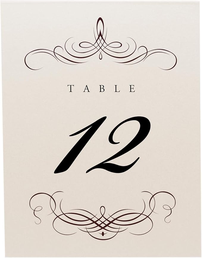 Decadent Flourish Wedding Table Numbers (Select Color/Quantity), Champagne, Chocolate, 1-110, Double Sided, Tent or Use in a Stand, Great for Parties & Restaurants