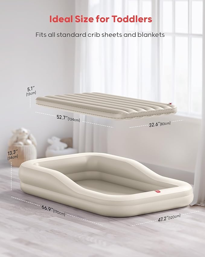 QPAU Inflatable Toddler Travel Bed with Tent, Portable Kids Air Mattress with Safety Sides, Ideal for Home, Grandma's, Camping, Traveling -Includes Fast Electric Pump