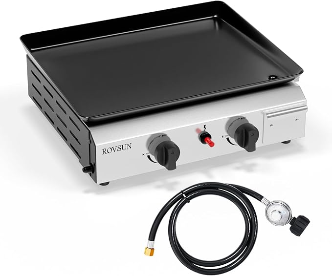 ROVSUN 2 Burner Portable Propane Griddle with Electronic Ignition & Regulator, 20,000 BTU Tabletop Flat Top Gas Grill with Nonstick Enameled Tray for Outdoor Cooking Camping BBQ Tailgating Picnicking