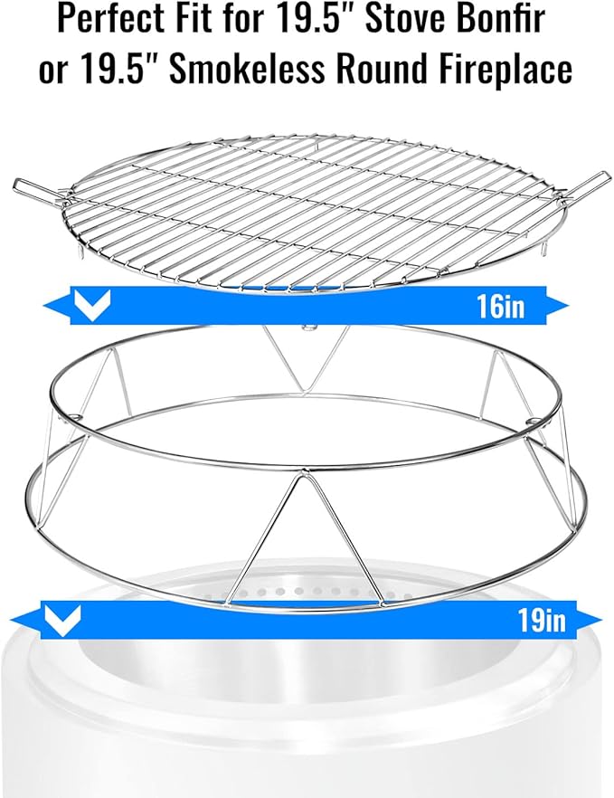 Fire Pit Accessory Kit Fit for Solo Stove Bonfire 19.5'' Fire Pit, Stainless Steel Fire Pit Stand and Grill Cooking Grate with Handle, Round Cooking Grill Grate for Outdoor BBQ Campfire Picnic Party