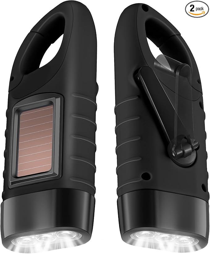 Leelosp 2 Pieces Hand Crank Flashlight Solar Powered Flashlight for Emergencies Dynamo Rechargeable LED Survival Light for Outdoor Sports Hiking Camping (Black)