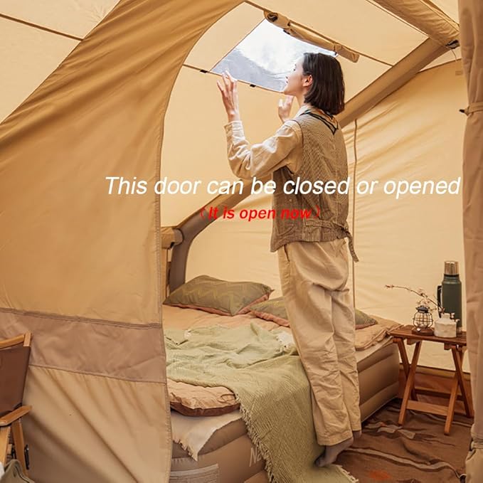 Large Luxury Inflatable Camping Tent Cotton Canvas Tent, Breathable and Waterproof Air Tent with Skylight and Stove Jack Hole for for 4-6-8-10 Person Family Camping