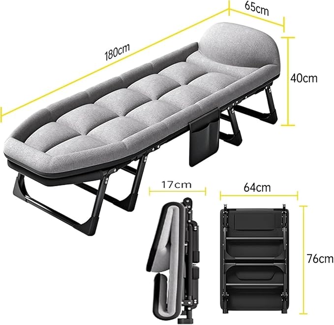 Cotton Linen Camping Cot, Space Saving Folding Bed for Adults, 6-Position Folding Chaise Lounge Chair for Indoor Outdoor