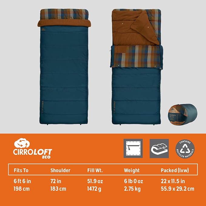 Kelty Wayback Flannel Lined Sleeping Bag, Built in Blanket, Traditional Rectangle Shape, Organic Flannel Cotton Liner, Dual Locking Slide Zips