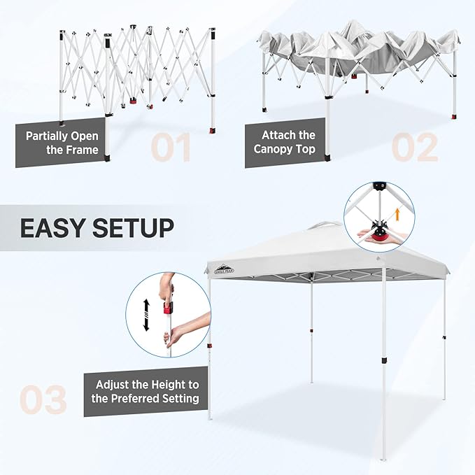 EAGLE PEAK Pop Up Canopy Tent with Wheeled Carry Bag, 8 Stakes, 4 Ropes, Easy Set Up Tent Canopy, 8x8 ft, White