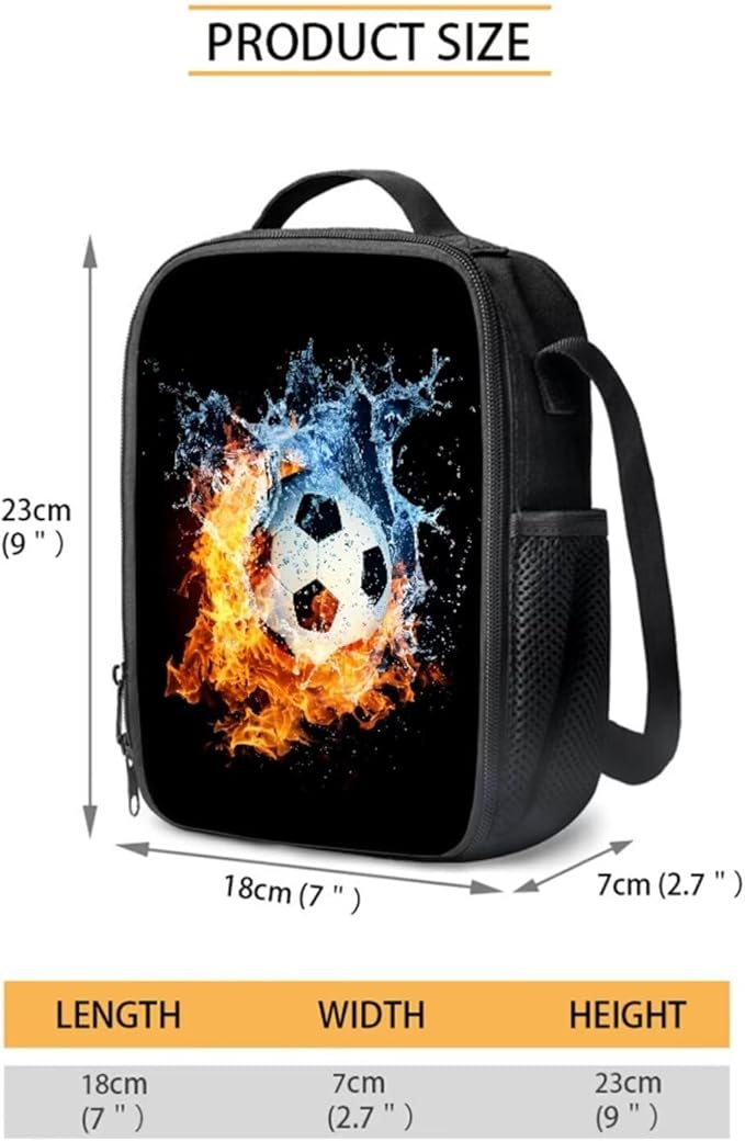 3 Pcs Water and Fire Football Printing Bag Sets Matching Portable Lunch Bag and Large Capacity Pencil Case for Kids Activities Outdoor Festival Gift