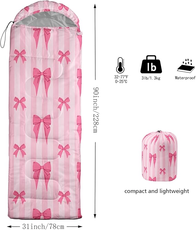 Colorful Bow Sleeping Bag, 3 Season Warm Cool Weather, Hand Drawn Bow Camping Sleeping Bag for Adult, Cute Bowknot Camping Backpacking for Outdoor Traveling Hiking Hunting Gear Equipment