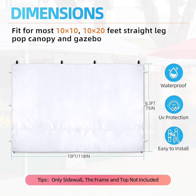Joramoy Instant Canopy Sunwall 10×10 for Pop Up Canopy, Waterproof, UV Protection Canopy Sidewall, 1 Pack Straight Leg Canopy Side Panels Only（10×10, White)