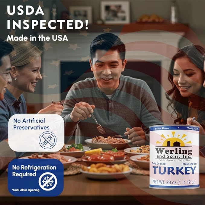Werling & Sons Fully Cooked Canned Turkey Meat 28 Oz Heat & Eat Premium Quality Recipe Ready Canned Meat for Everyday Quick Meals, Camping, Emergency Canned Food & Survival Preparedness Pack of 12