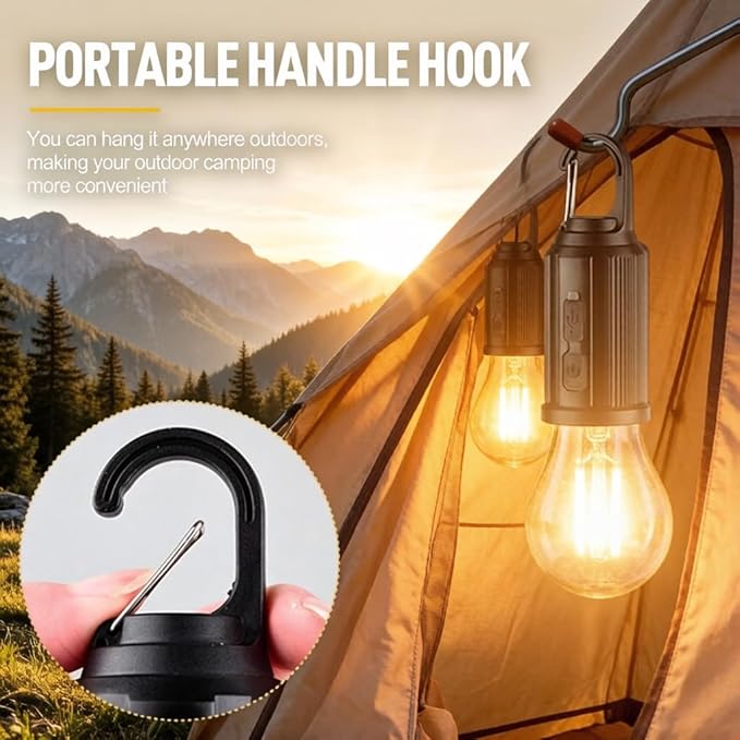 4 Packs LED Camping Lantern Rechargeable, Portable Outdoor Waterproof Emergency Lanterns with 3 Modes, Hanging Tent Light Bulbs with Clip Hook for Camping, Hiking, Party, Hurricane, Outages