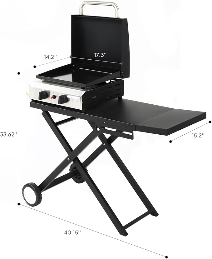 Bonnlo Foldable Flat Top Grill with 2 Burner & Lid, Powerful 20,000 BTU Propane Gas Grills with Ignition, Enamel Griddle, Side Shelf & Portable Cart with Wheels for Outdoor Camping Hibachi Grill Use