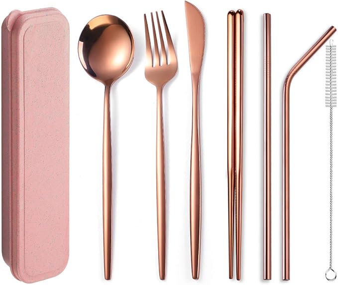 Flatware Silverware Set, Stainless Steel Portable Tableware Set Portuguese Chopsticks Straws Outdoor Camping Knife Fork Spoon, Tableware Cutlery Set(Rose Gold,6Set)