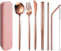 Flatware Silverware Set, Stainless Steel Portable Tableware Set Portuguese Chopsticks Straws Outdoor Camping Knife Fork Spoon, Tableware Cutlery Set(Rose Gold,8Set)