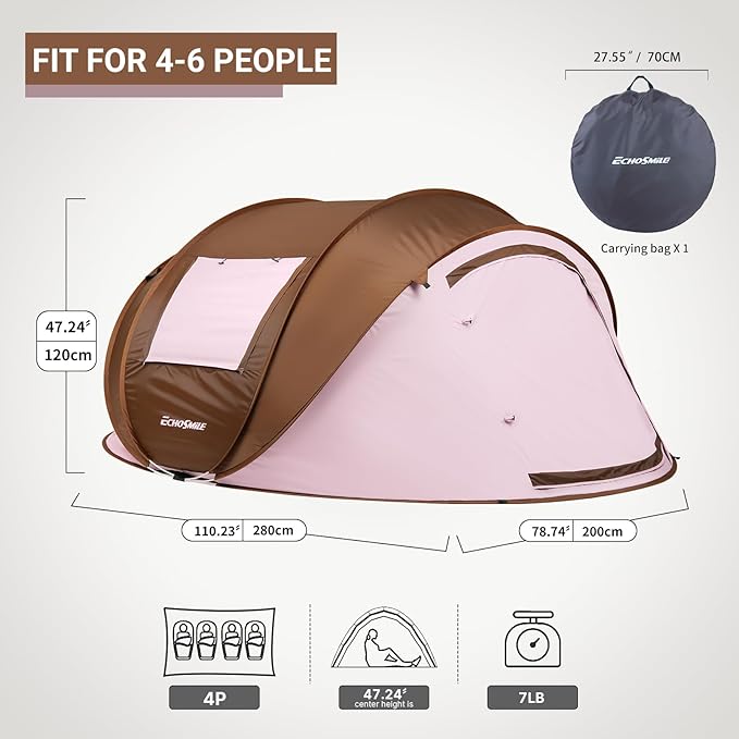 EchoSmile Instant Pop Up Camping Tent, 2/4/6 Person, Easy Setup Tent, Water Resistant Dome, Portable with Carry Bag