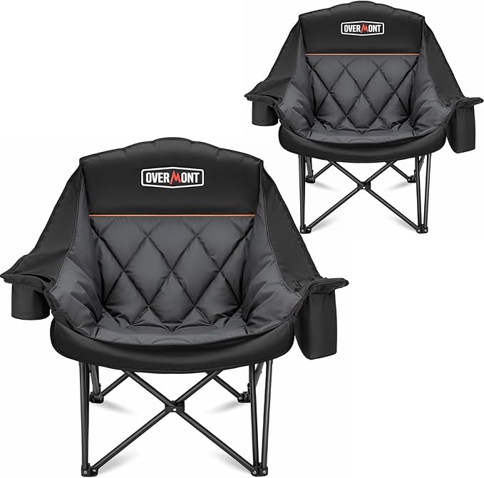 Overmont Oversized XL Camping Chair for Adults - 400lbs Support Heavy-Duty Padded Folding Chair with Side Pocket Cup Holder Cooling Bag for Outdoor Sports Garden Beach Fishing Lawn Black 2pcs