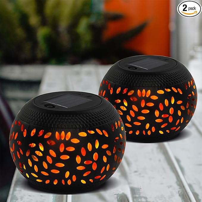 Solar Table Lanterns Outdoor Waterproof- 2 Pack Dancing Flickering Flame Solar Lights,Black Metal Desktop Decorative Lamps for Gifts for Women Mom Desk Patio Garden Yard Decor
