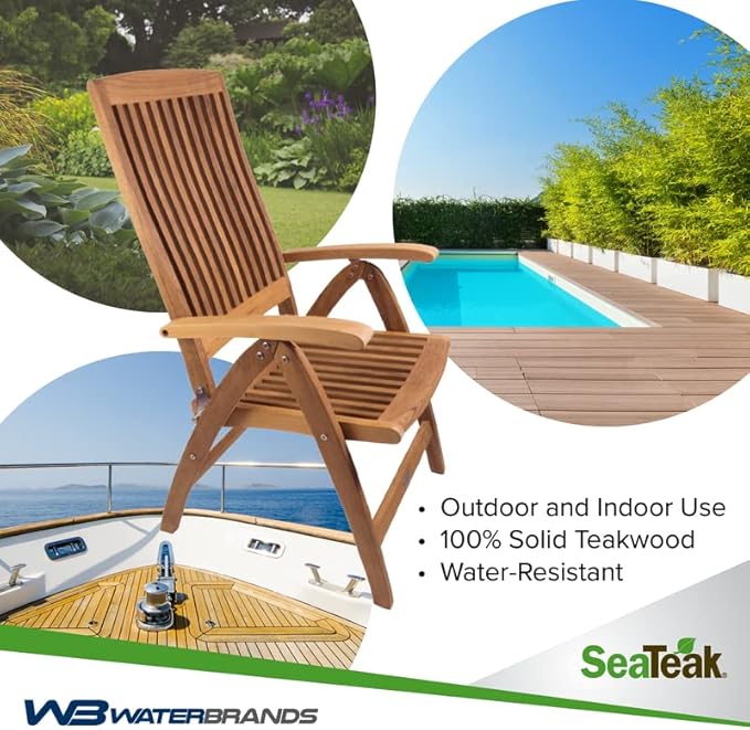 SeaTeak Weatherly Teak Folding Chair - 6-Position Foldable Chair - Weatherproof, Portable Teak Armchair for Boat Deck, Patio, Camping, Outdoors