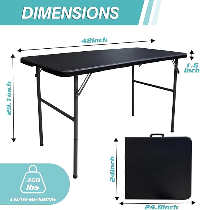 4FT Plastic Folding Table - Lightweight & Portable for Camping, Picnic, Card Games - Indoor Outdoor Foldable Dining & Utility Table (Black-2set)