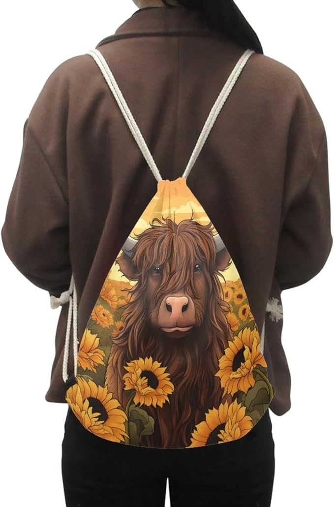 Upetstory Highland Cow Drawstring Backpack Cinch Gym Bags Storage Backpacks Sting Bag Casual Daypack PE Kit Sports Rucksack for Outdoor Hiking Cycling Camping Running