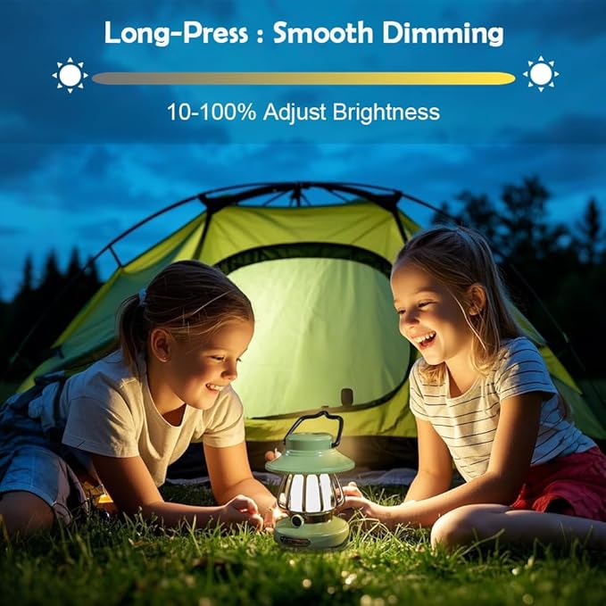 Kids Lantern with 3 Color Light & USB-C Rechargeable, Dimmable Camping Night Light for Children, Safe & Durable ABS Plastic Toddler Flashlight for Bedroom, Tent, Emergency (Green)