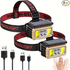 2 Pack LED Rechargeable Headlamp, Super Bright Headlamp with Motion Sensor, USB/Solar Charging, 6 Modes with Red Light Waterproof Head lamp for Outdoors, Camping, Hiking, and Emergencies