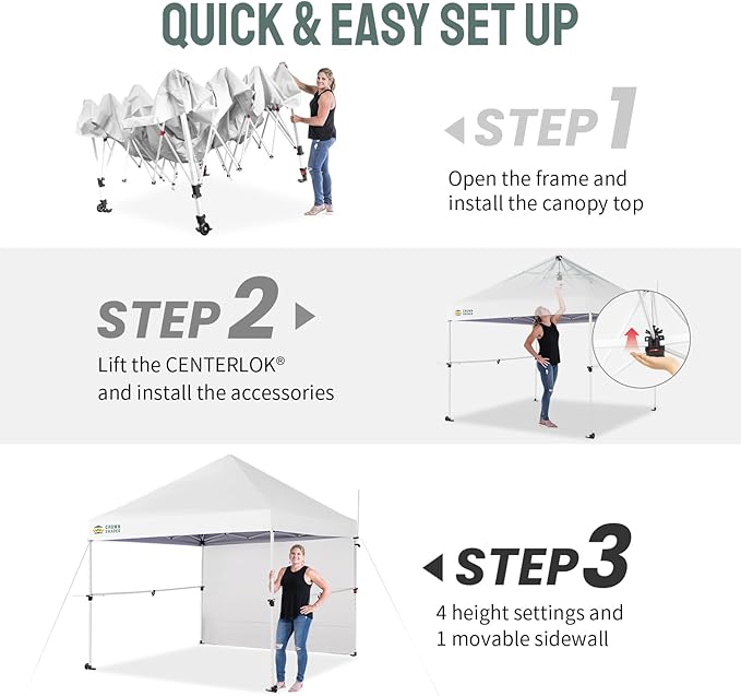 CROWN SHADES 10x10 Pop Up Canopy Tent with 1 Comercial Kit, Instant Commercial Tent with Patended Centerlock, 400D Silver Coated Fabric, 1 Sidewall, 4" Wheels, Sto'N Go Bag,White