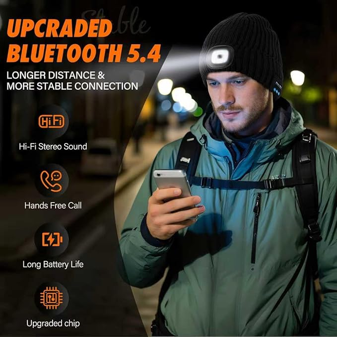 Bluetooth Beanie Hat with Light for Men, LED Beanie with Light Rechargeable, Headlamp Cap Wireless Headphones Built-in Speaker Mic Christmas Gifts for Teens Stocking Stuffers for Men Dad (Gray)