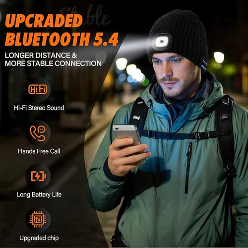 2 Pack Bluetooth Beanie Hat with Light for Men, Rechargeable LED Beanie with Light, Headlamp Cap Wireless Headphones, Christmas Gifts for Teens Stocking Stuffers for Men Dad（Black&Gray）