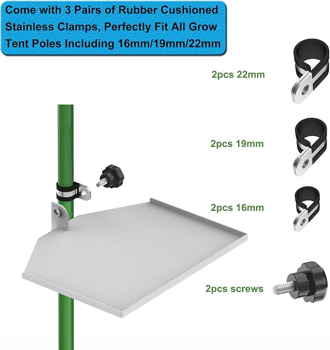 Metal Grow Tent Corner Shelf (1-Pack Big Size Version), Sturdy Pole Mount Shelf, Heavy-Duty Tent Pole Shelf, Easy to Install, Fit All Grow Tent Poles (16mm/19mm/22mm Included)