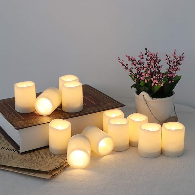 Wondise Waterproof Flameless Votive Candles with 6H Timer, Set of 12 Outdoor Battery Operated Candles Plastic LED Flickering Tealights Candles for Outdoor Garden Patio Home Summer Decor(1.5”D x 2”H)