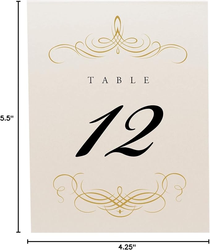 Decadent Flourish Wedding Table Numbers (Select Color/Quantity), Champagne, Gold, 1-45, Double Sided, Tent or Use in a Stand, Great for Parties & Restaurants - Made in the USA