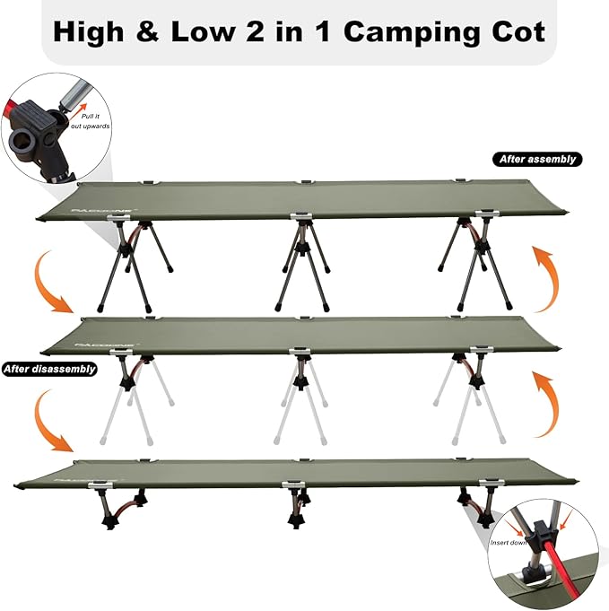 2-in-1 Ultralight Folding Camping Cot with Leg Extenders, Military Camping Cots Bed, Heavy Duty Folding Sleeping Camping Cot for Backpacking Hiking Travel Tent, Support 330 Lbs(Green)