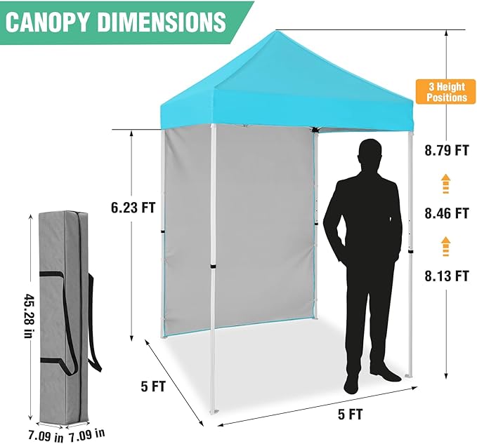 5x5 Pop Up Canopy Tent with One Sidewall, Instant Portable Beach Canopy, Outdoor Tent with Carry Bag for Camping, Sports, Tailgating, Events, Light Blue