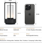 Portable Metal Table Lamp for Indoor/Outdoor ,Rechargeable Cordless LED Lamp, 3-Colour Infinitely Dimming Battery Powered Small Desk Lamp, Restaurant/Bedroom/Bar/Coffee Shop/Camping Light (Black)