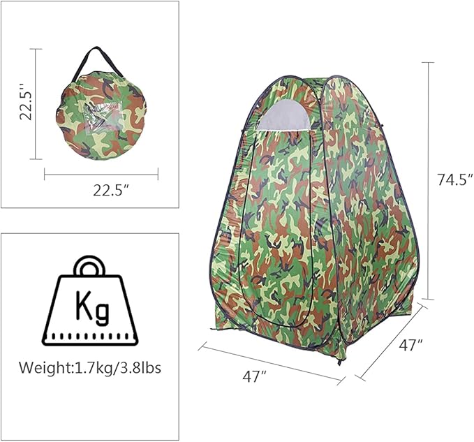 Pop Up Camping Shower Tent, Waterproof Privacy Tent for Portable Toilet, Shower and Changing Room for Outdoors, Rain Shelter with Window & Utility Accessories - Sturdy and Easy Fold (Camouflage)