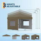10x10 Pop Up Canopy with 3 Sidewalls - Easy Up Camping Tent with One Button Push Setup - 1 Roller Bag, 3 Adjustable Height, 4 Weight Bags for Deck, Garden, Sports, Beach, Party - Brown