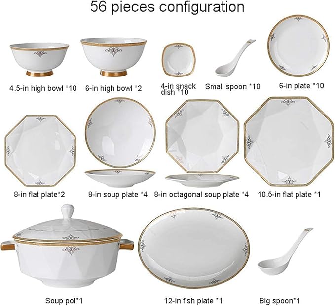Ceramic Tableware Set with 56 Pieces, Bowl/Soup Pot/Spoon, Bone China Tableware, Octagonal fold Design, Porcelain Combination Set